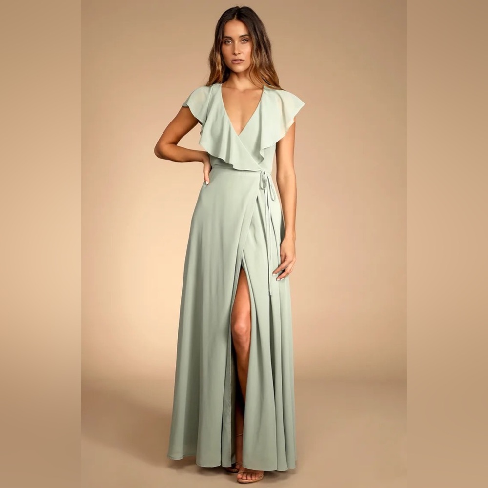 Lulus | Heartfelt Romance Sage Brush Short Sleeve Maxi Wrap Bridesmaid Dress
